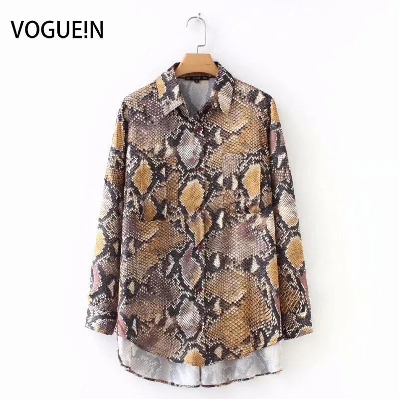 VOGUEIN Новая женская сексуальная блузка с принтом змеи и длинными рукавами топ