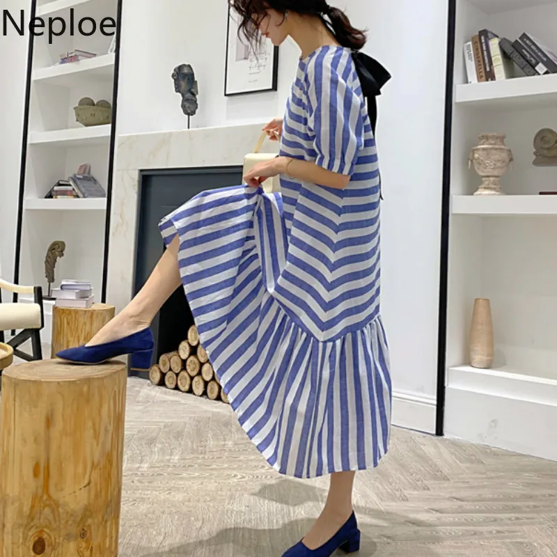 Neploe Полосатое женское платье лето 2019 Ретро стиль круглый вырез короткий рукав с