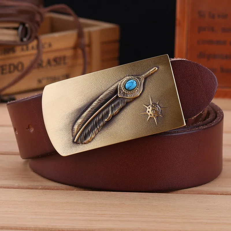 khaki leaf Ремень с тигром, Воловья кожа, натуральная кожа, полностью зернистая твердая латунная пряжка, высокое качество, мужской ремень, роскошный коричневый ковбойский китайский лист - Color: khaki leaf