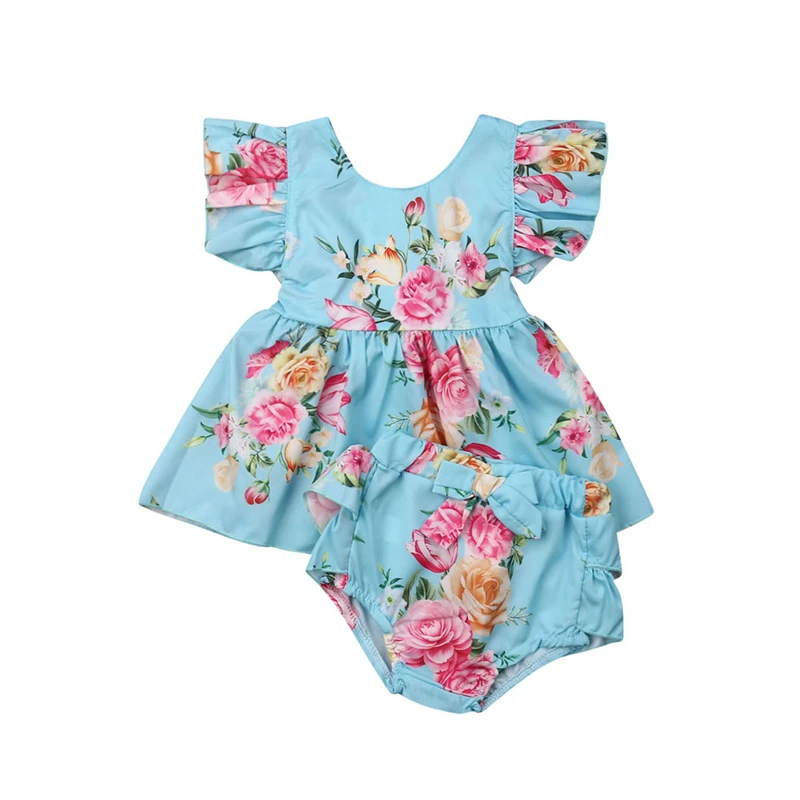 

2019 Summer 2PCS Newborn Toddler Clothes Baby Girls Ruffle Sleeve Backless Floral Dress+Bib Pants Outfit Sets