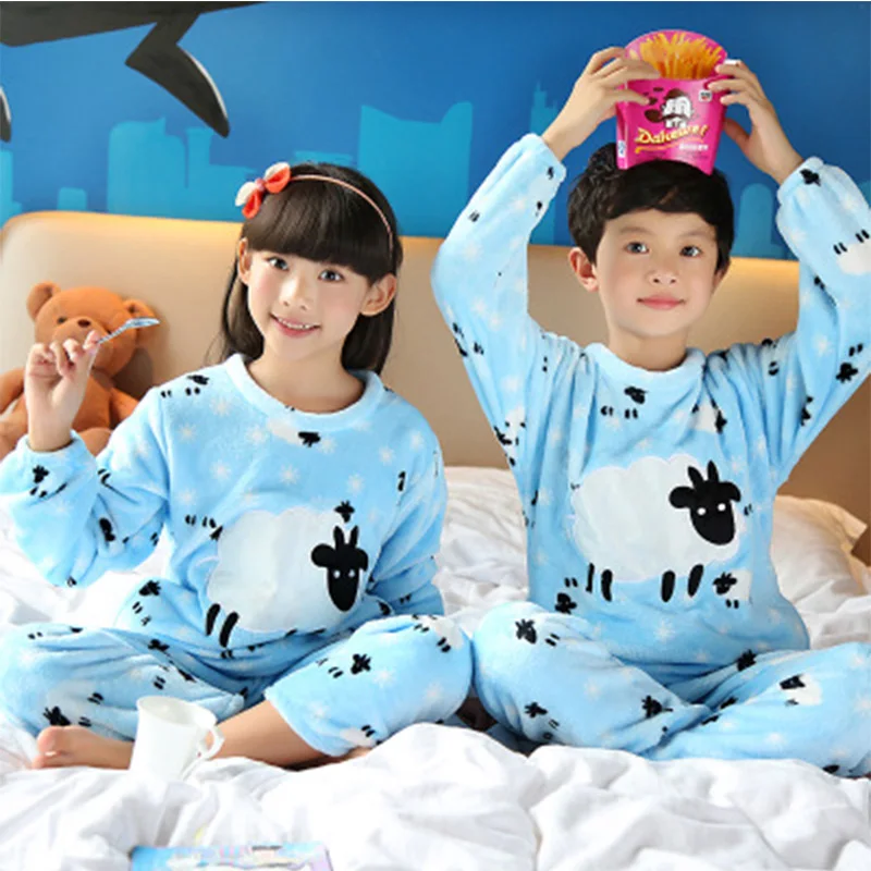 Модные зимние теплые фланелевые пижамные комплекты для мальчиков и девочек