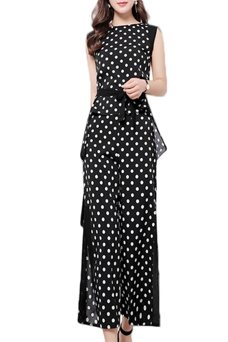 

Sleeveless Chiffon Polka Dot Two Piece Set Loose Plus Size Wide Leg Pants Patchwork Suit Women Blazer Sets Elegant 2 Sets Woman