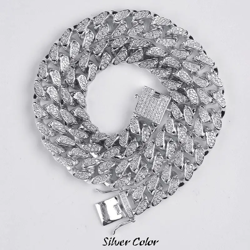 Silver 14 мм хип-хоп Мужская кубинская цепочка Maimi серебряное золотое ожерелье с кубическим цирконием, ювелирное ожерелье, подарки - Окраска металла: Silver