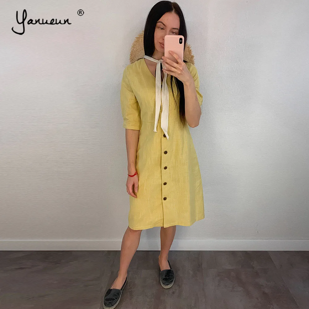 Yanueun Normcore 2019 летнее однотонное платье с v образным вырезом и коротким рукавом