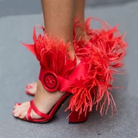 new fashion red fur cover sandals women ankle buckle button crossed strappy consice woman party shoes chunky strange heels shoes