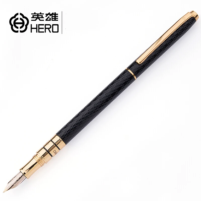 Новинка Металлическая черная перьевая ручка Hero 10K Gold Nib длинная чернильная
