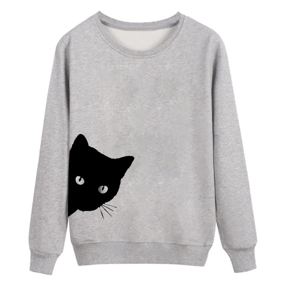 new hot American style cartoon cat pullover woman sweatshirt long sleeve casual slim o-neck female plus size | Женская одежда