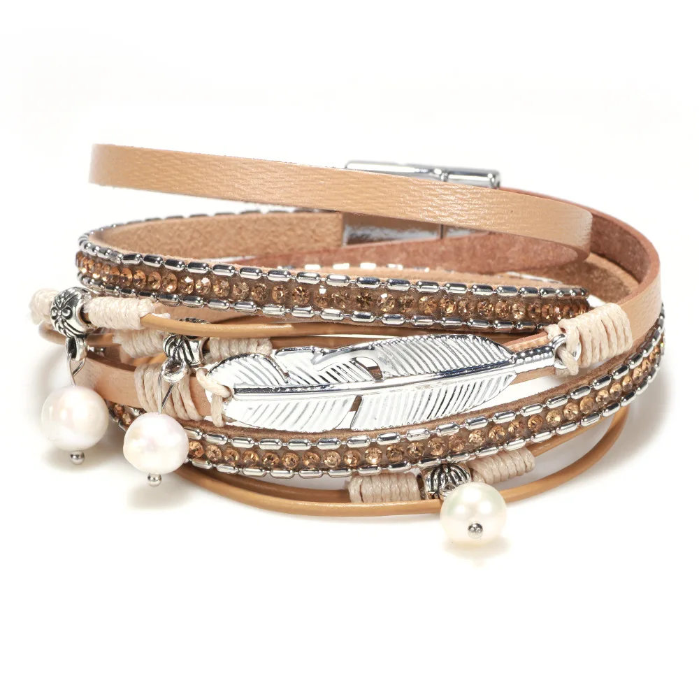 2018 кожаный браслет в богемном стиле с натуральной жемчужиной и магнитной пряжкой