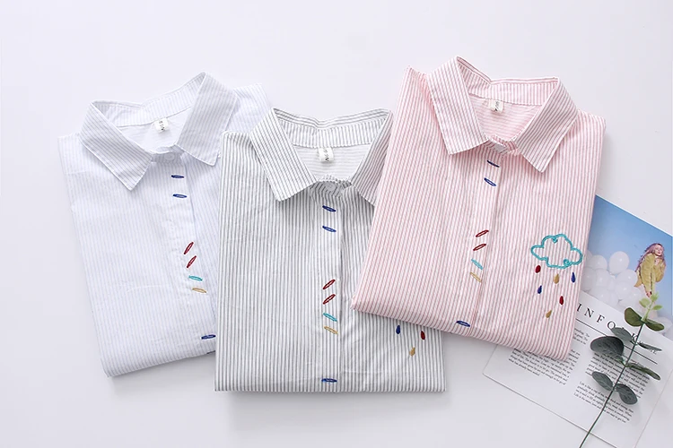 JKKUCOCO Newest Women Shirt Embroidery Thunderstorm Cotton blouses Blouse shirt Long Sleeve Casual Striped Shirts S-XL |