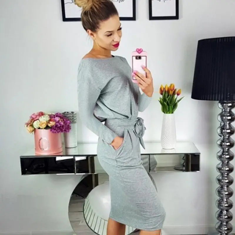 2018 осень Для женщин с длинным рукавом платье на шнуровке хлопок тонкий миди дамы