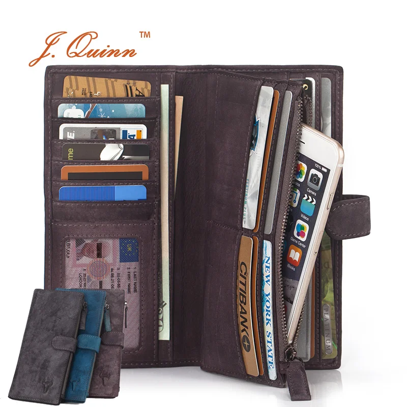 

J.Quinn 26 Cards Luxury Women Blue Travel Wallets Modern Ladies Hand-stained Italian Leather Wallet ID Dollar Phone Zipper Purse