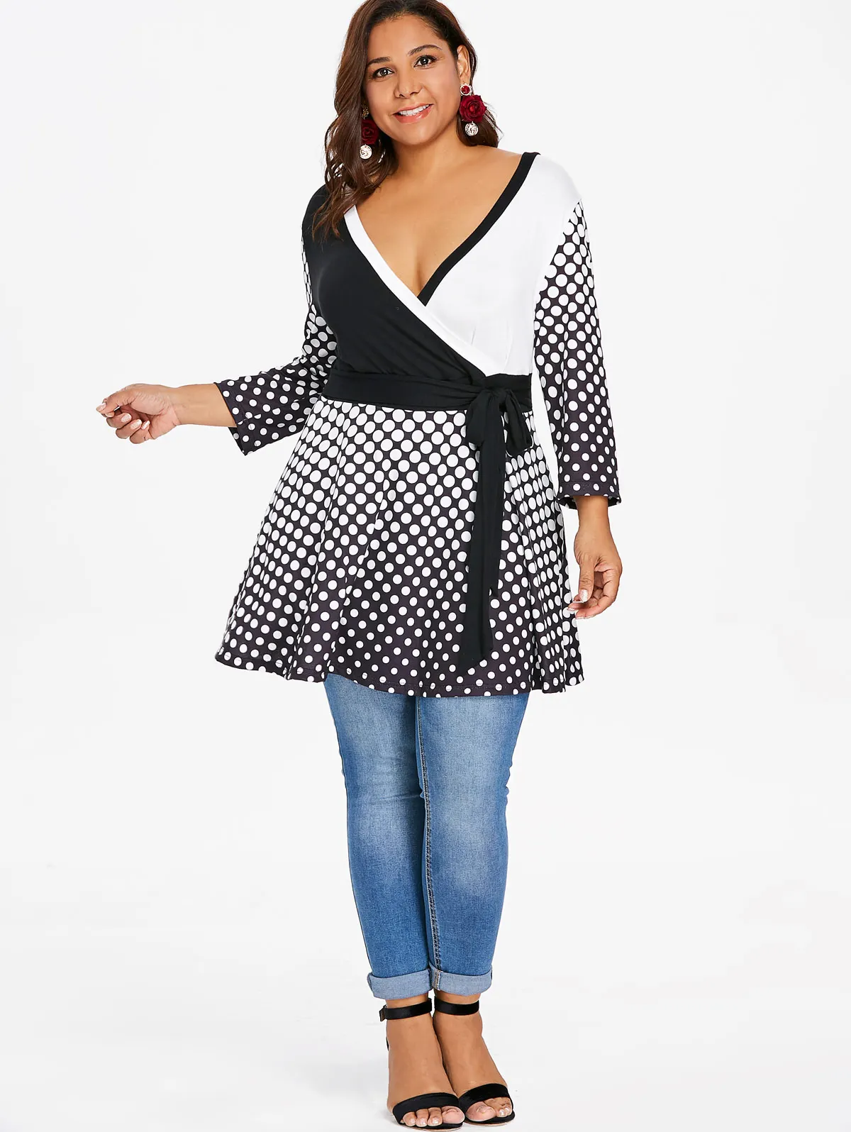 Wipalo Plus Size 5XL Long Sleeve Peplum T-Shirt Polka Dot Open Back Tunic Deep V Neck Surplice Tee Big Women Tops | Женская одежда