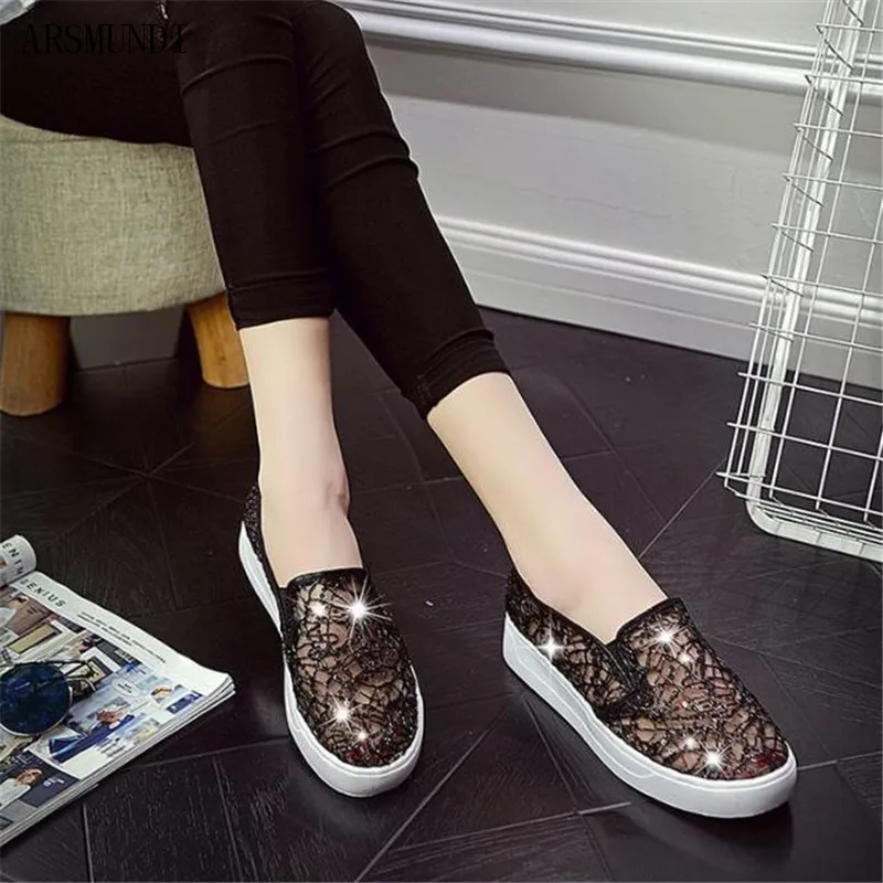 ARSMUNDI 2019 New Fashion Summer Lace Rhinestones Women Flats Casual Cut Outs Shoes Hollow Floral Breathable Platform M353 | Обувь