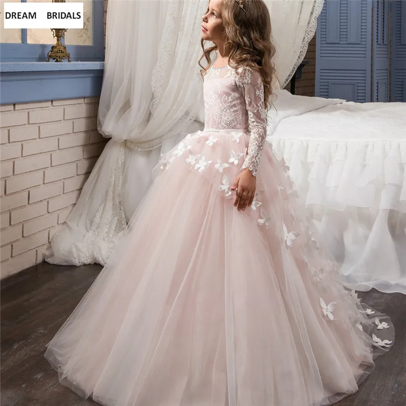 

2018 Lace First Communion Dress Multi Butterfly Flower Girl Dresses For Weddings Long Sleeves Pearls Ball Gown Kids Prom Gowns