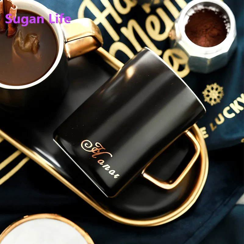 Роскошная кофейная кружка Sugan Life набор с позолоченной ручкой черная белая чашка