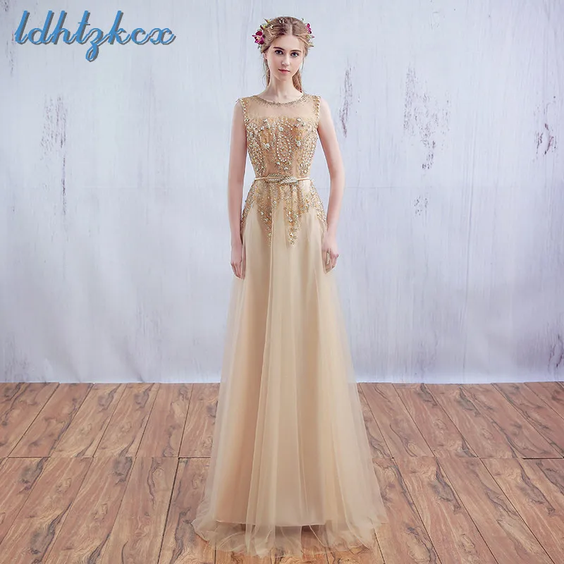 

Dress Women Sleeveless Floor-length Party Dresses Summer Golden Diamonds Elegant Noble Banquet Host Long Vestido LD593