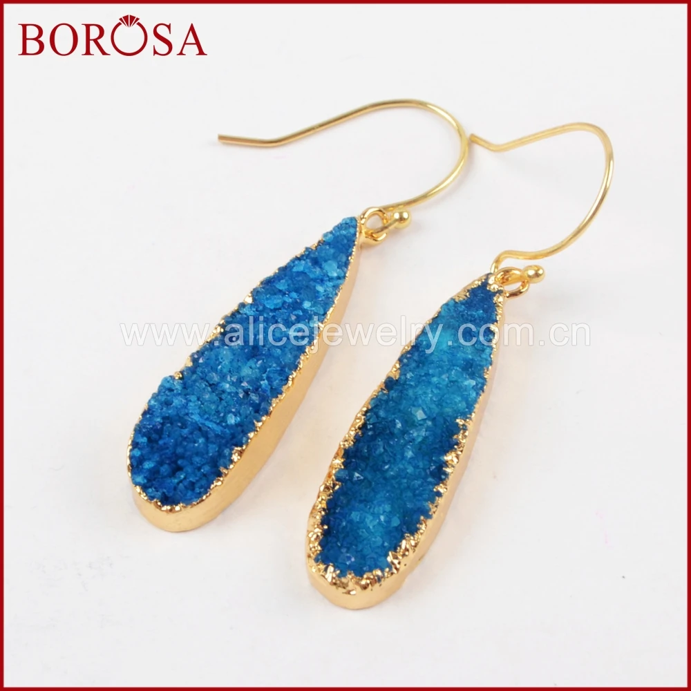 Бороза 5 пар/лот Золотисто-цветные длинные подвесные серьги с радужными кристаллами Друзи Геоды для женщин серьги Друси G0430-E.