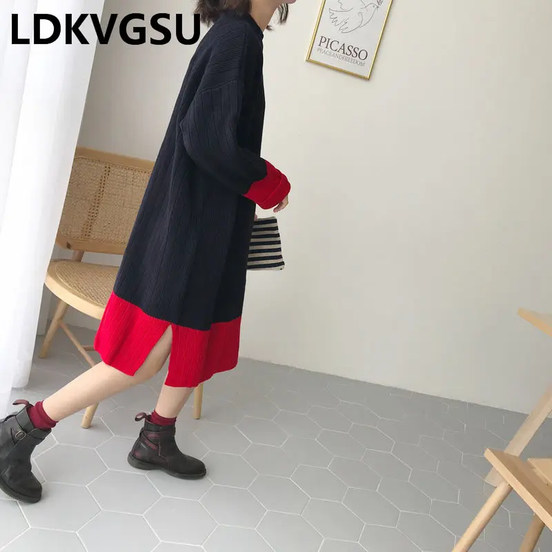 Женское трикотажное платье-свитер составного кроя Длинное свободное платье с