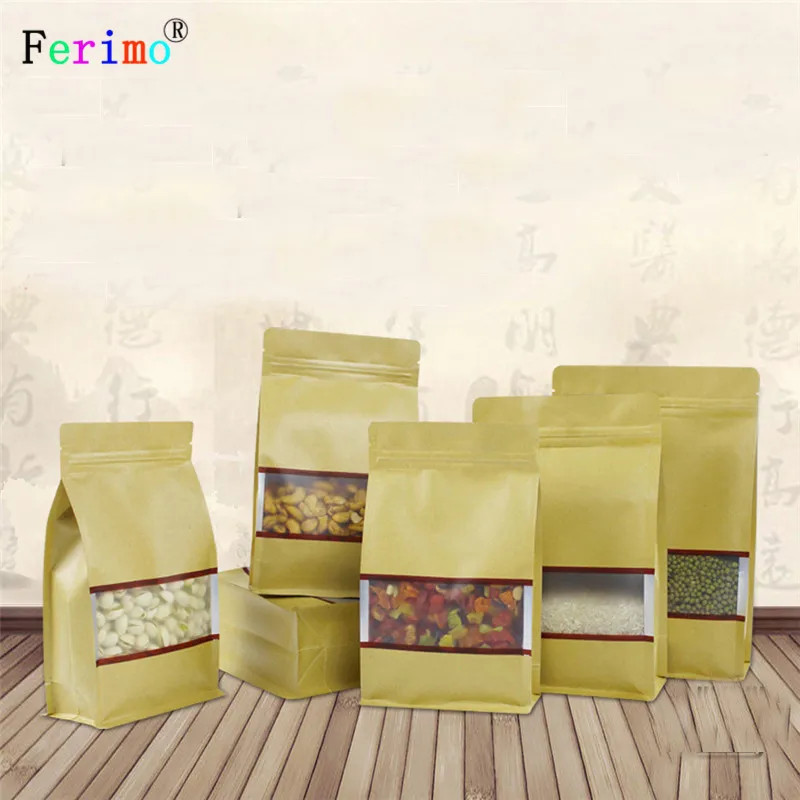 

100pcs Grain general eight edge-sealing bag window kraft paper aluminum zipper bag snacks dried fruit packaging storage bags