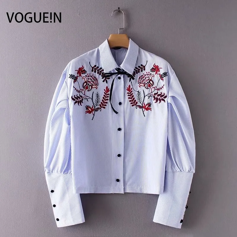 VOGUEIN Новая Женская Полосатая Рубашка с цветочным принтом и вышивкой на пуговицах