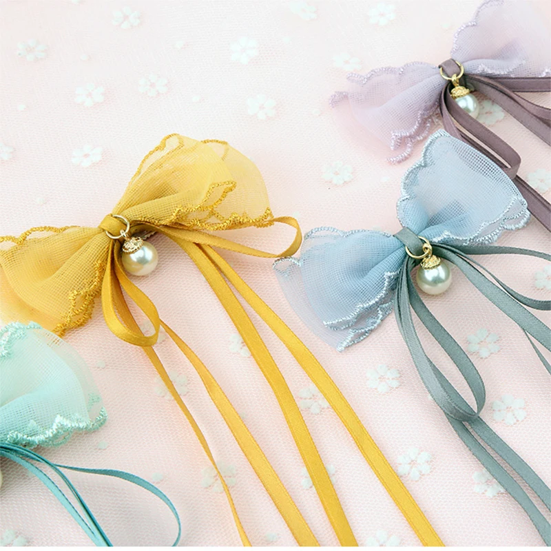 Princess Lace Hair Clips Pearl Hand made Hairpins For Girls Glitter Knot Bows Fashion Kids Head wear Accessories | Детская одежда и