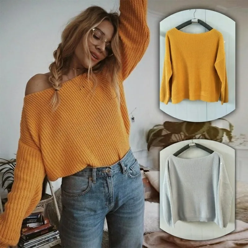 Danjeaner Sweater Women Plus Size Off Shoulder Slim Fit Knitting Pullovers Long Sleeve Casual Solid Knitwear Winter Coats Jumper | Женская