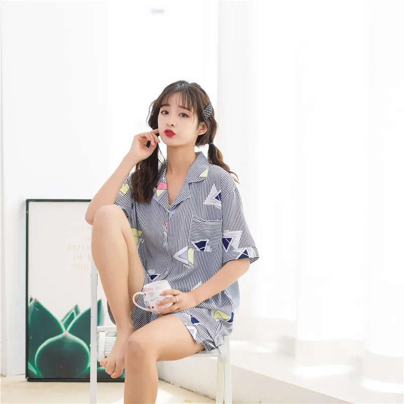 

New Summer Cotton Short Sleeves Pajamas Striped Shorts Pyjamas Women Turn-down Collar Sleepwear Sexy Loungewear Home Clothes