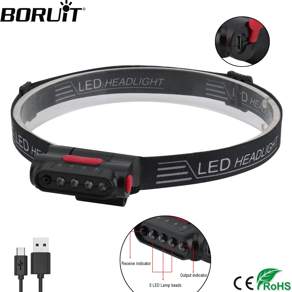 

Налобный фонарь BORUiT, водонепроницаемый с 3 светодиодами и датчиком движения