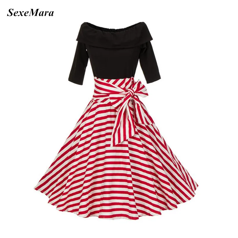 Женское винтажное платье SexeMara с бантом и вырезом лодочкой рокабилли 100% хлопок
