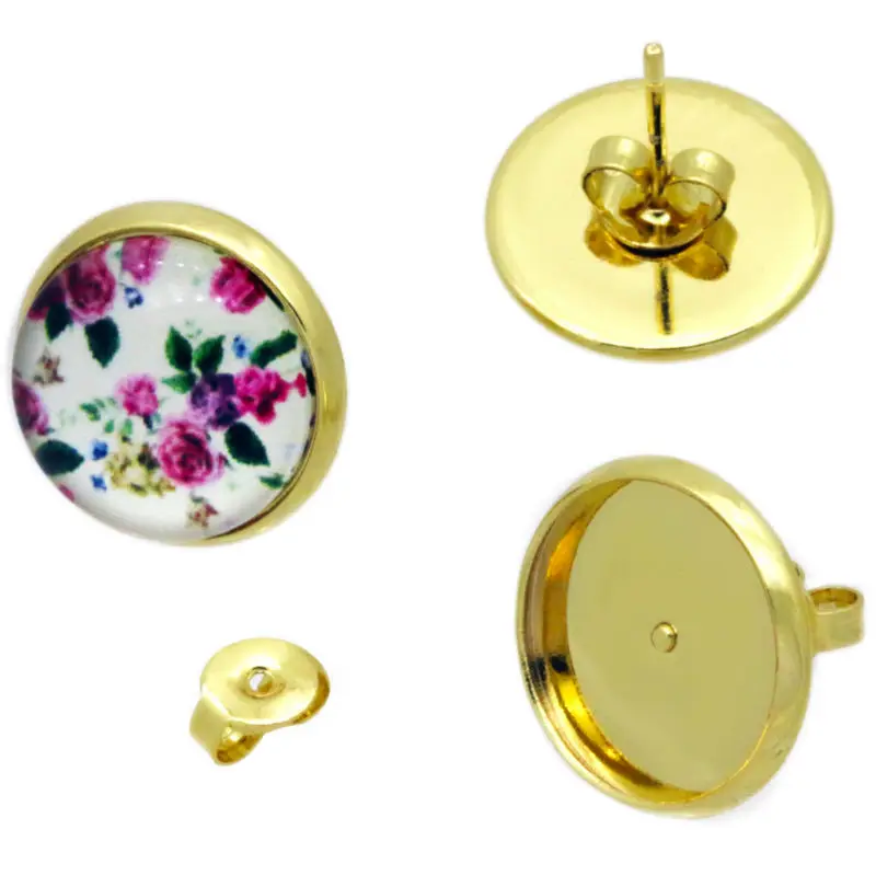 10pairs 8-14mm No Fade Stud Earring + Earplugs Bezel Setting Tray for Glass Cabochons GOLD-PLATED NOT-EASY-FADING