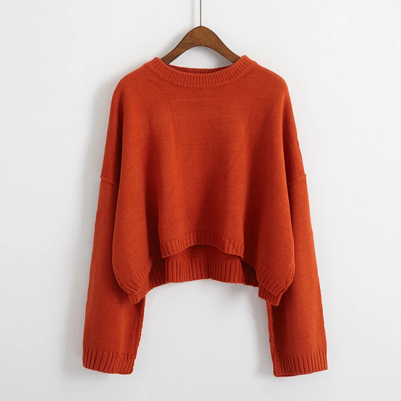 Autumn Loose Short Sweaters for Women Knitwear Pullover Lady's Casual Round Neck Wide Sleeve Split Knit Jumper Cropped Sweater | Женская