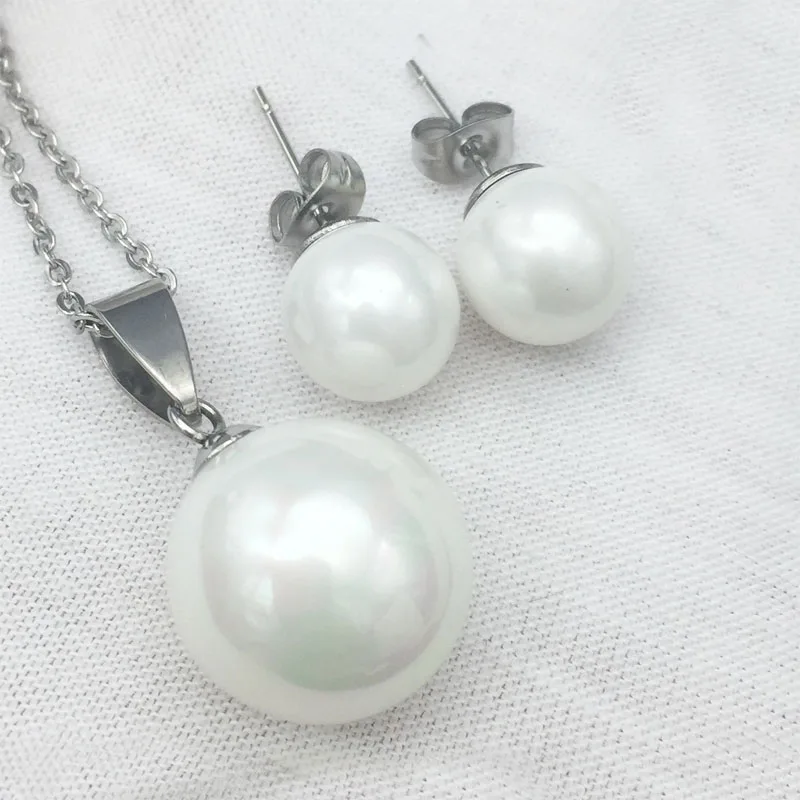 Gold Color Jewelry Sets For Women Simulated Pearl Earring With Pendant Stainless Steel Wedding Set | Украшения и аксессуары