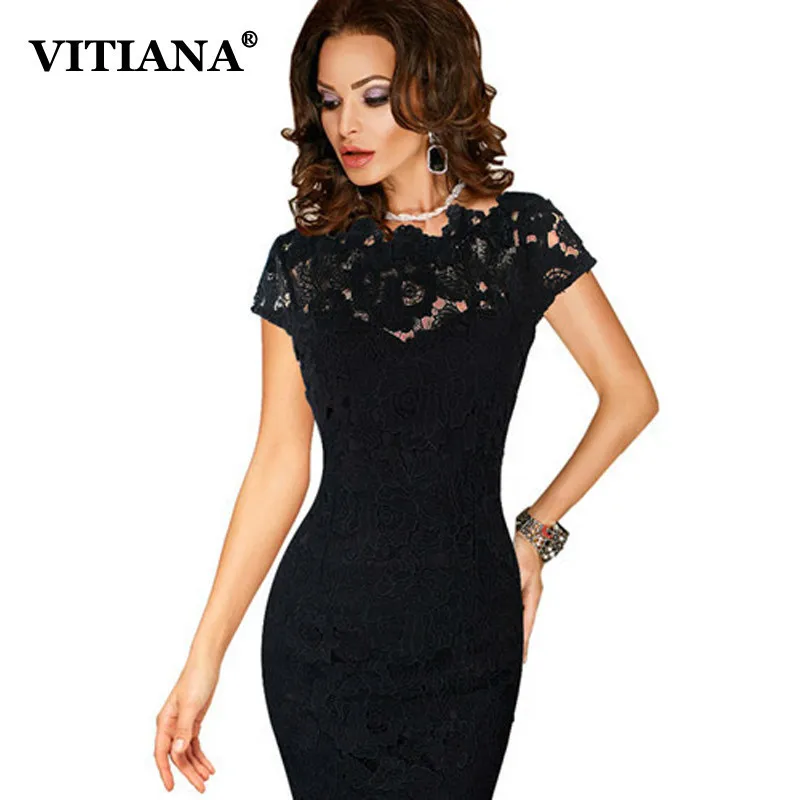 VITIANA Women Plus Size 2XL 3XL Pencil Party Lace Dress Female Black Green Short Sleeve Elegant Vintage Slim Office Work Dresses | Женская