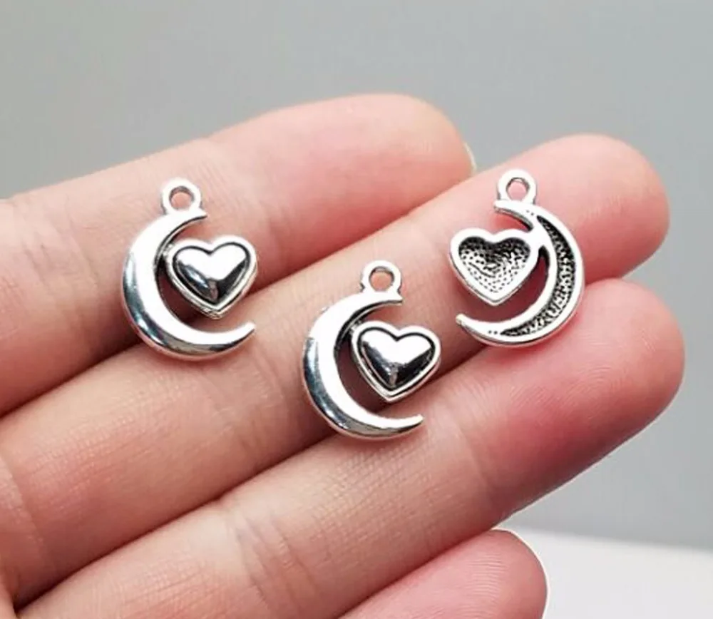 

30 шт./лот-13x18 мм, антикварные посеребренные Подвески в виде Луны и сердца, товары для творчества, ювелирные аксессуары