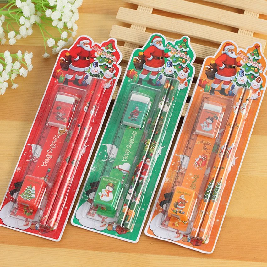 

5pcs/set Christmas Series Kids Stationery Students Ruler Pencil Eraser Pencil Sharpener Kit School Rewards Supplies Wholesale