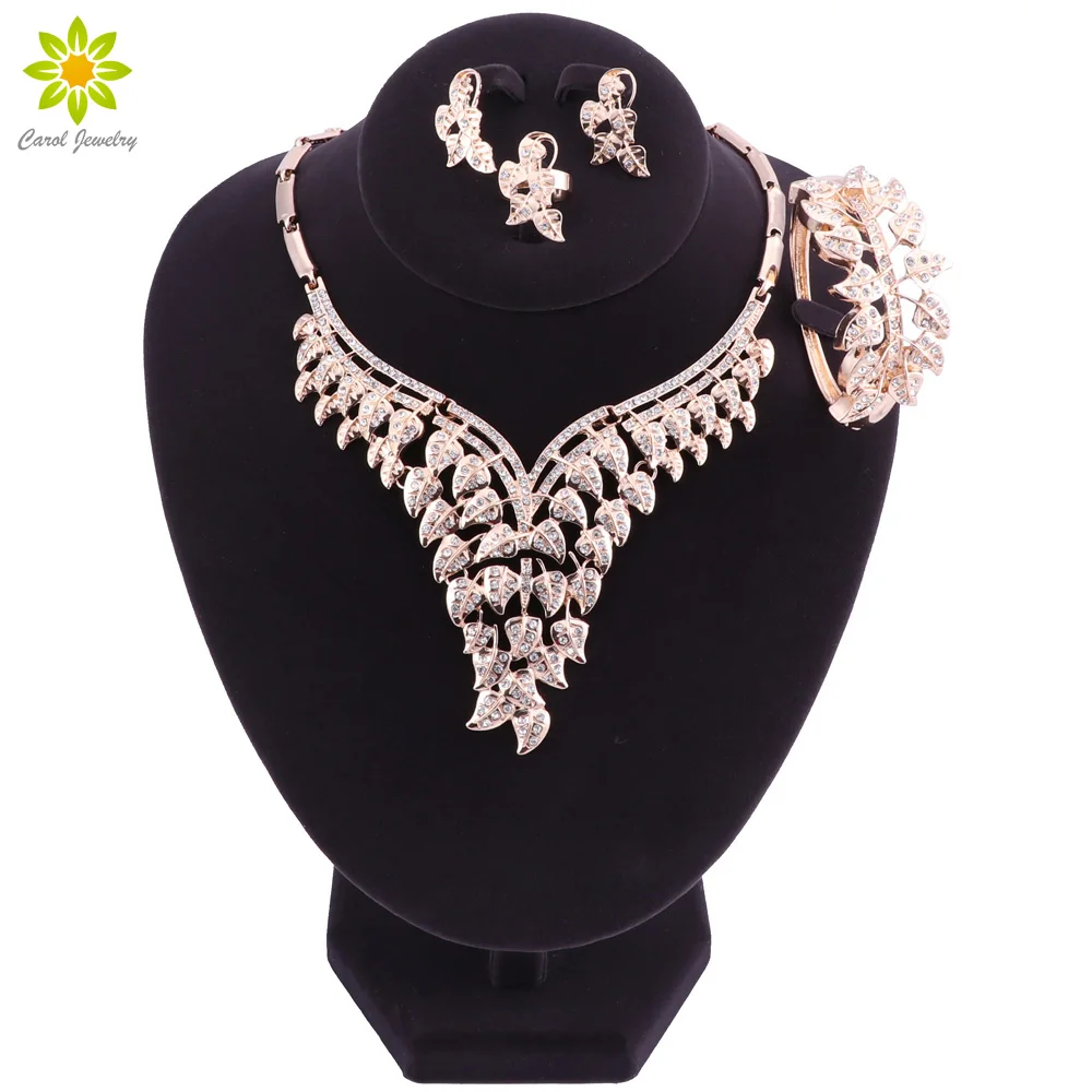 

African Beads Jewelry Sets Women Wedding Gold Color Crystal Party Fashion Bridal Necklace Ring Earrings Accessories