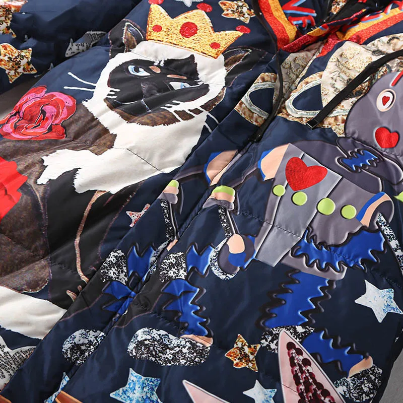 2019 New Women Winter Long Thick Duck Down Jacket Coat Femme Cartoon Cat Print Harajuku Feather Puffer Jacket Down Parka W58