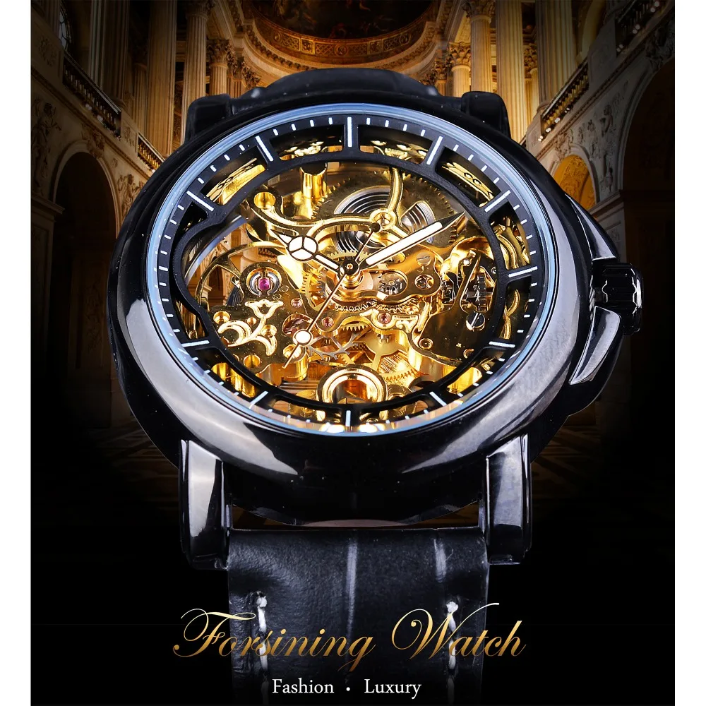 Forsining 2018 Royal Flower Carving Gear Golden Openwork Black Genuine Leather Mens Mechanical Watch Top Brand Luxury Male Clock | Наручные
