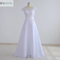 white chiffon lace appliques a line wedding dress floor length cap sleeves realoriginal actual photos custom made