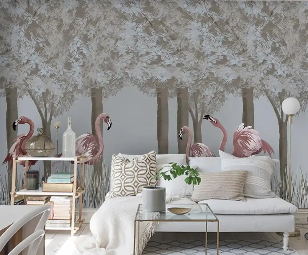 3D Настенные обои на заказ скандинавский фон с ручной росписью леса фламинго ТВ