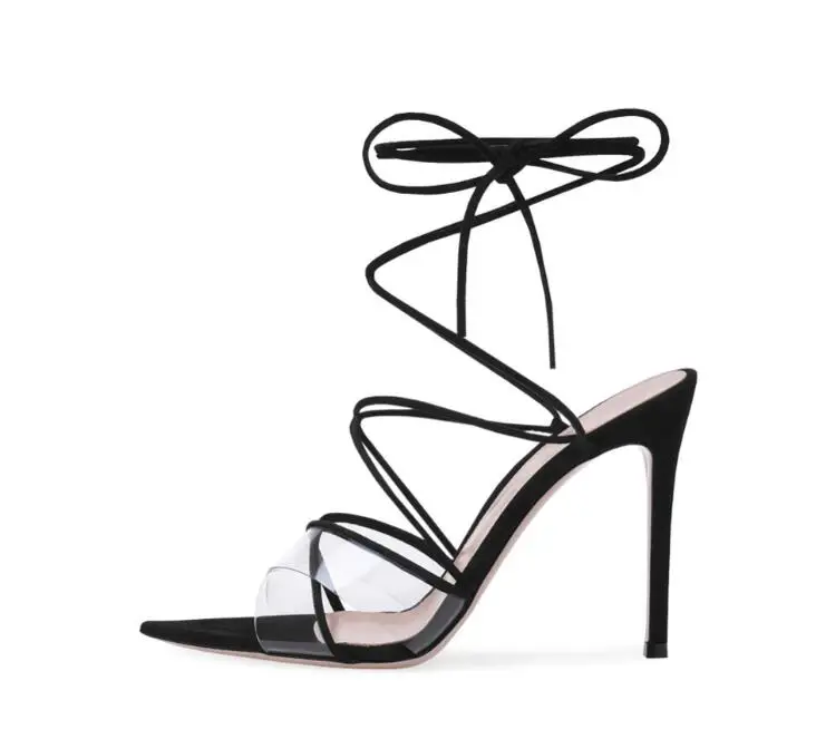 

Пикантные черные женские прозрачные босоножки на высоком каблуке с ремешками; женские летние прозрачные туфли на каблуке с острым носком; туфли на шпильке с ремешком на щиколотке