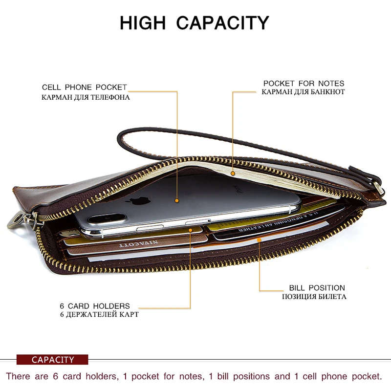 Vintage Wallets Men Crazy Horse Leather Wallet Zipper Long Purses RFID Wristlet Clutch Coin Purse Card Holders Big Capacity | Багаж и