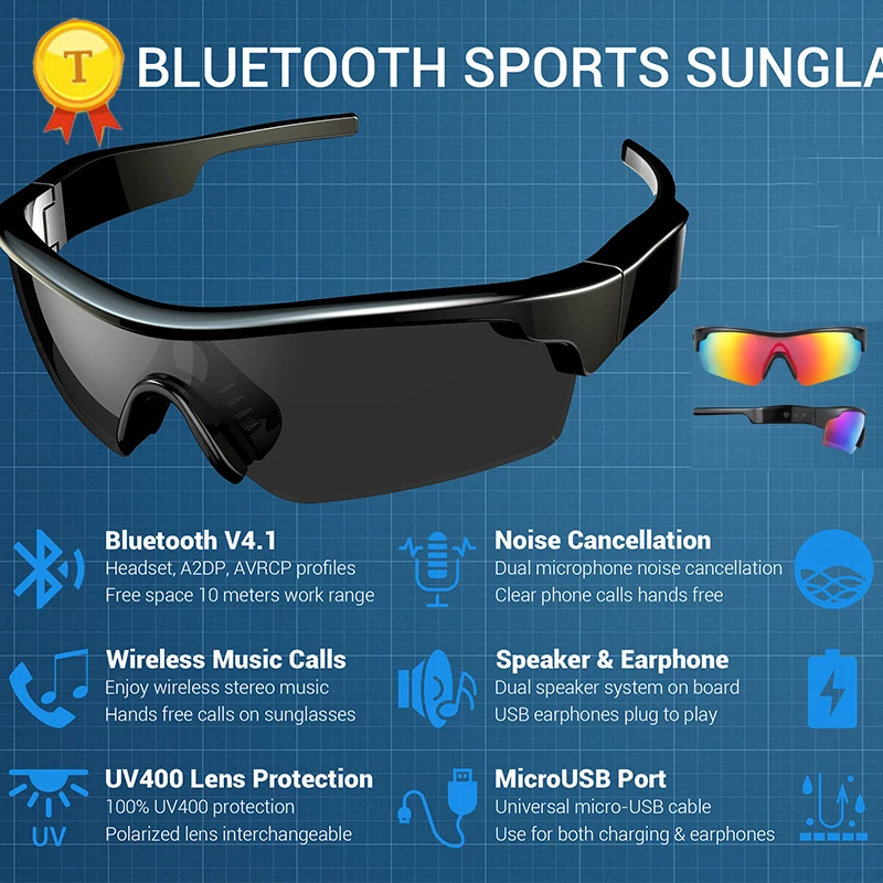 Солнцезащитные очки Беспроводные спортивные с поддержкой Bluetooth 400 нм|Видеоочки| |