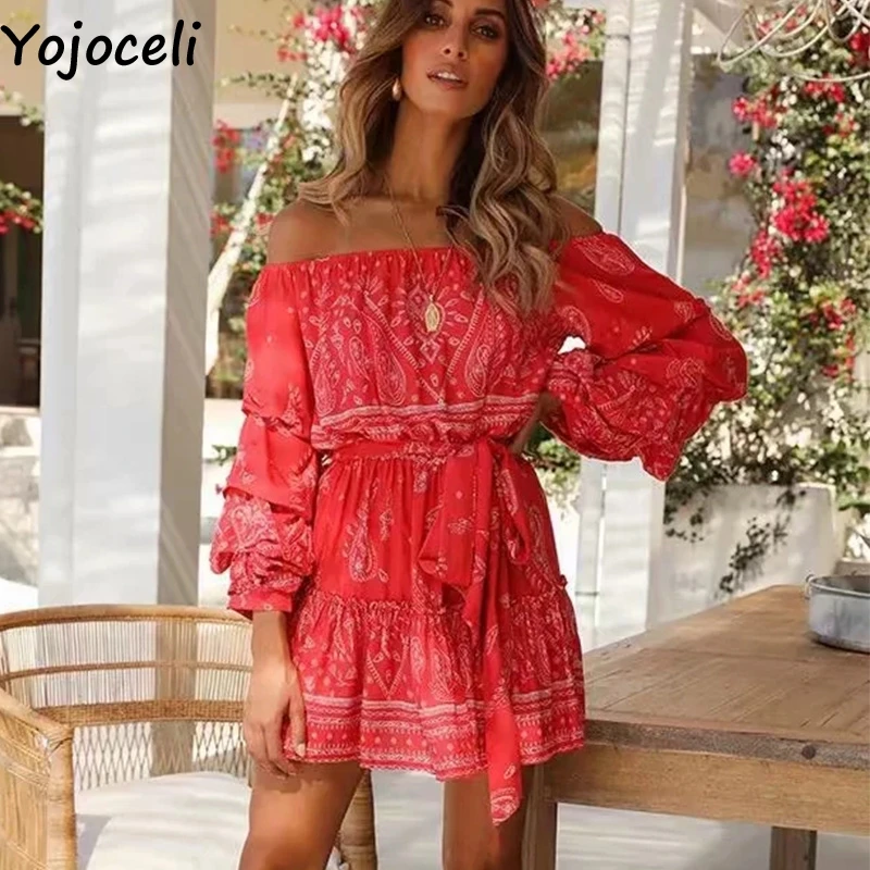 Женское пляжное платье Yojoceli короткое вечернее с открытыми плечами и бантом в