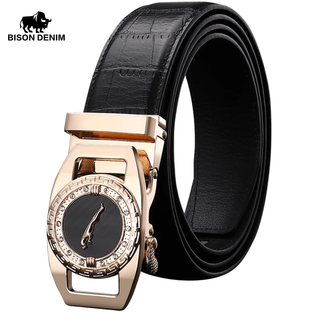 

BISON DENIM Genuine Leather Men Belt 3.5cm Width Golden & Silver Color Automatic Buckle Fashion Cowskin Belts For Male N71395