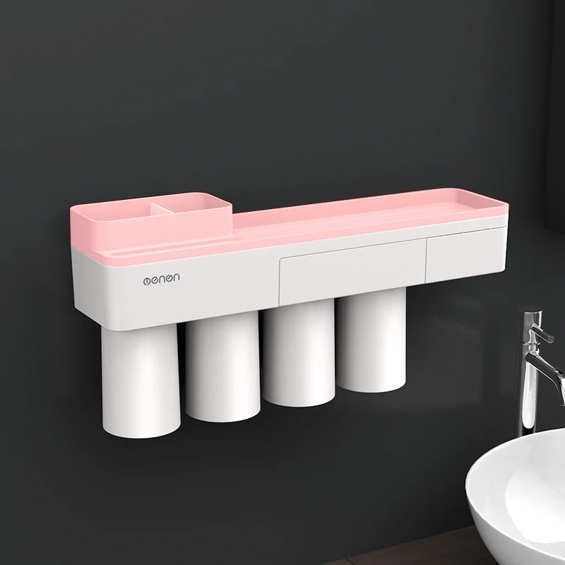 Pink 4 Cups ONEUP магнитный держатель для зубных щеток с адсорбцией, чехол с 4 чашками, домашняя стойка для хранения для ванной комнаты, настенные аксессуары для ванной комнаты - Цвет: Pink 4 Cups