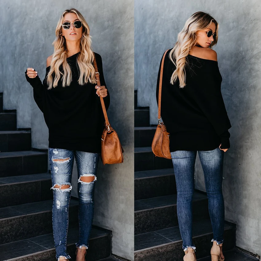 Новая мода 2018 осенний пуловер женский свитер высокий уличный длинный рукав Slash