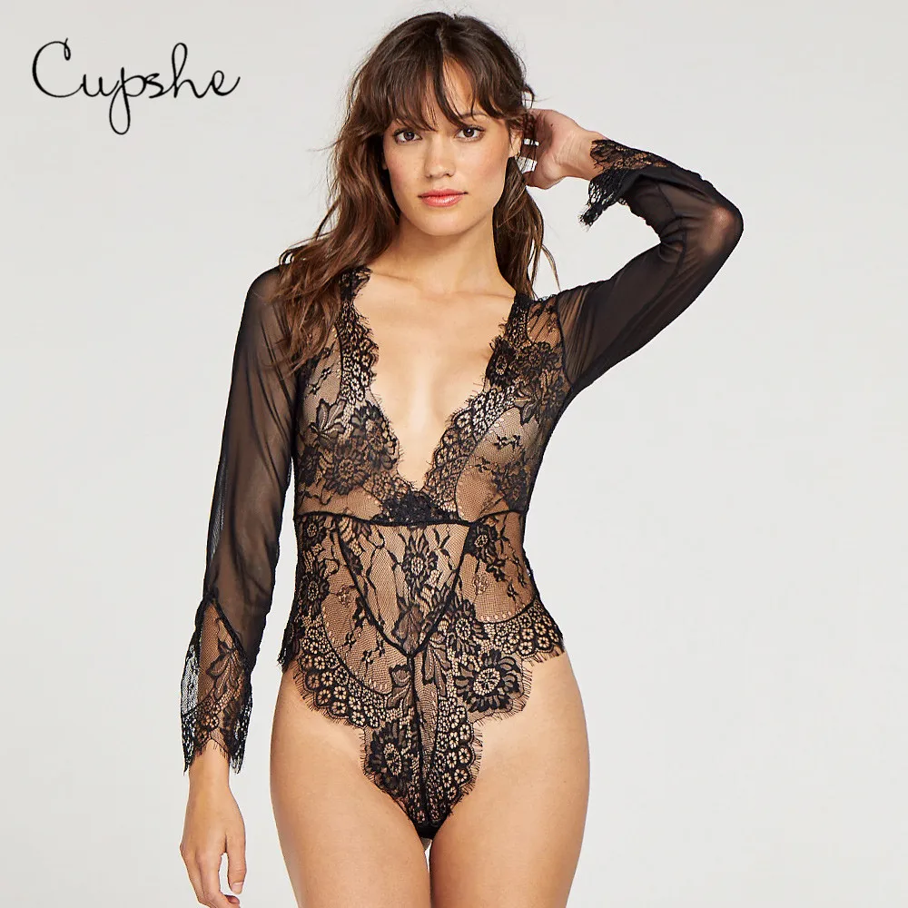 CUPSHE женское нижнее белье однотонный черный сетчатый кружевной цельный