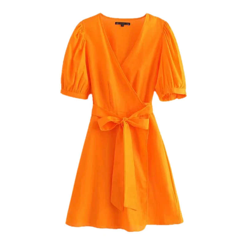 Женское милое платье до колена с v-образным вырезом и поясом-бабочкой пышными