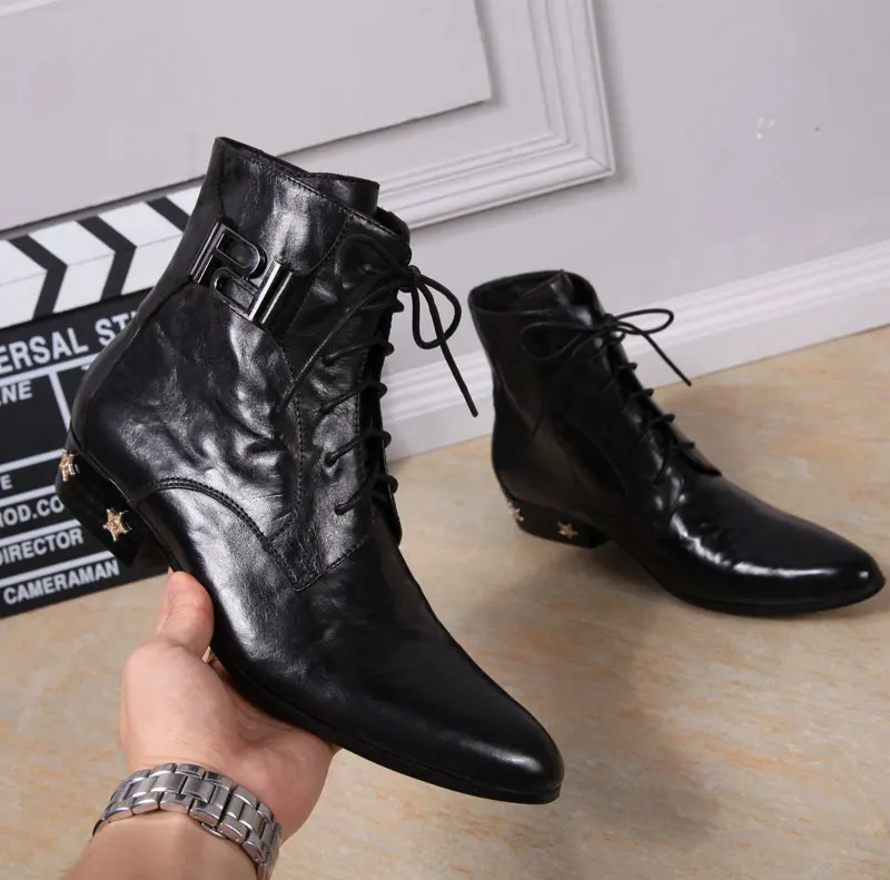 

New Imitate Geniune Leather Men Oxford Shoes Pointed Toes Lace-Up High Top Men's Boots Star Rhinestone Low Heel Male Dress Shoes